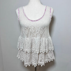 Free People Babydoll Top Crochet Lace Boho Cottage Fairy Festival Y2K Tiered